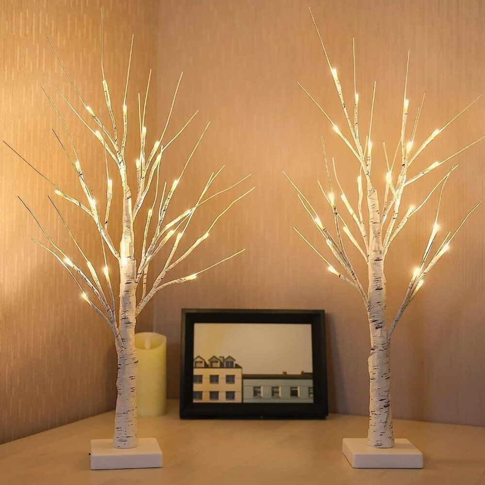 2-Pack with Timer for Christmas Decorations Indoor, Artificial Birch Tree with 4